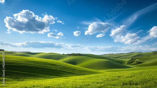 A green hilly field under a blue sky with white clouds.
