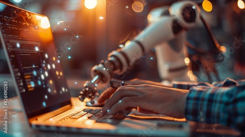 The photo depicts a person and a robot working together on a project. The robot is holding a pen and the person is typing on a laptop. photo