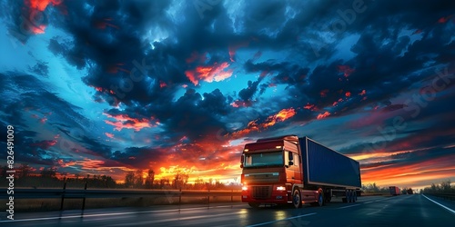 Container truck transporting cargo on highway at sunset with blue sky. Concept Trucking Industry, Transportation Logistics, Highway Sunset, Cargo Transport, Container Truck
