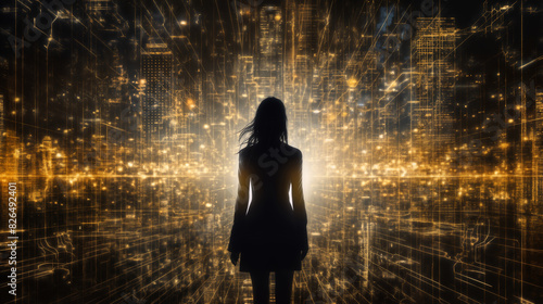 The silhouette of a young woman stands against the backdrop of the city's skyscrapers and holographic projections.