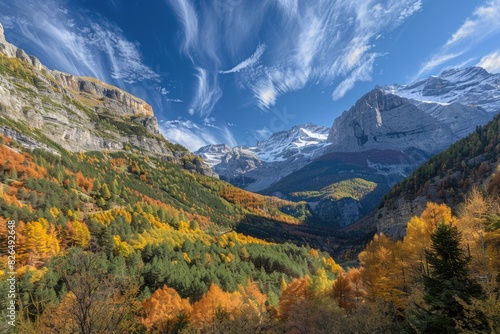 Autumn Valley. Stunning Landscape of Pineta Valley in Spanish Pyrenees National Park