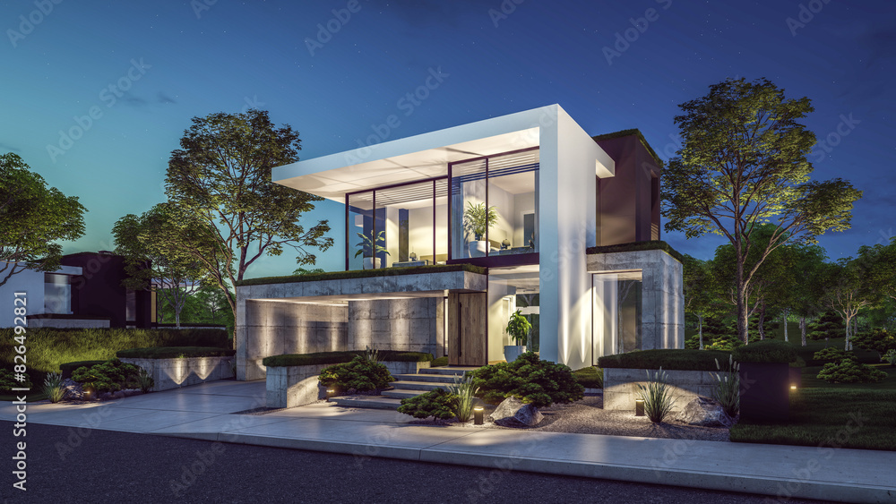 3d rendering of flat roof house with concrete facade in night