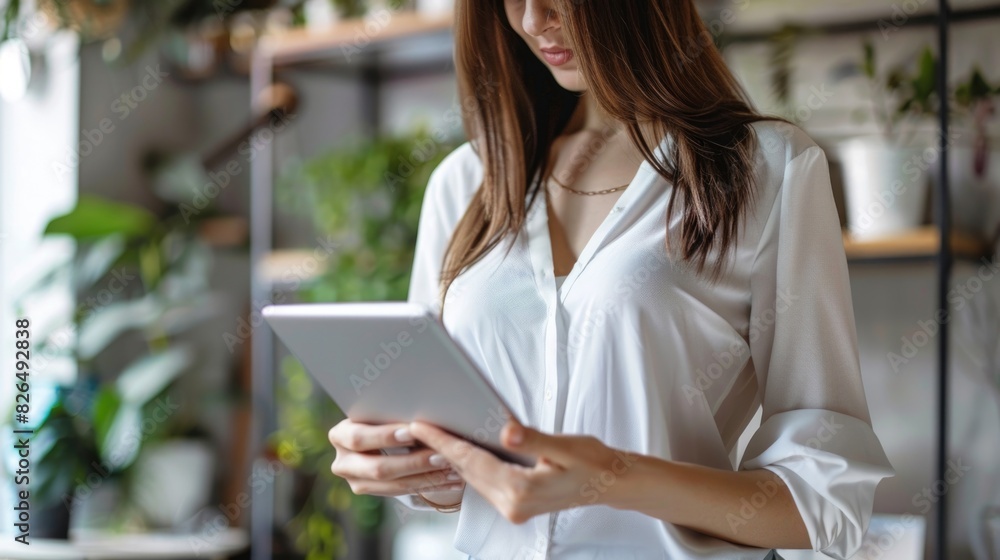 Ecommerce Technology. Small Business Woman Taking Sales Orders with Tablet and Phone Ecommerce Technology. Small Business Woman Taking Sales Orders with Tablet and Phone