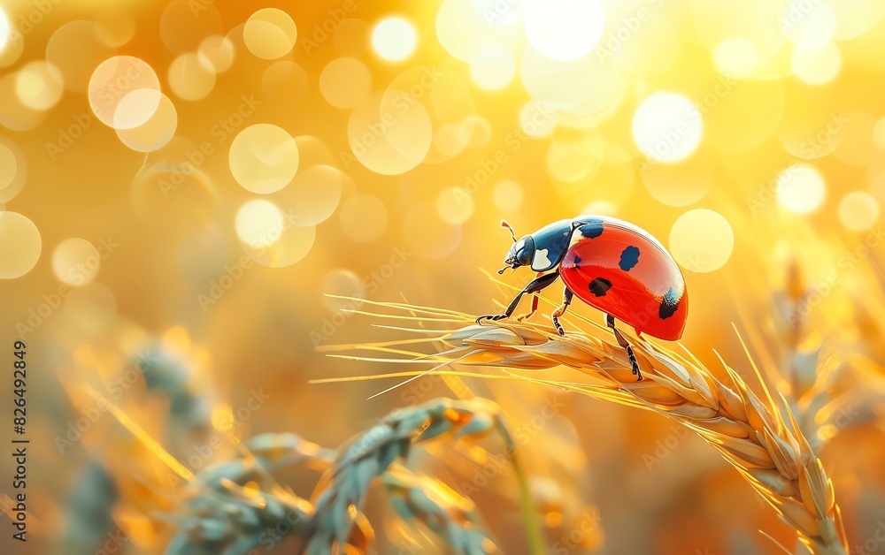 A beautiful ladybug on a wheat stalk with a soft, golden sunlight background. Perfect nature and wildlife stock photo. A beautiful ladybug on a wheat stalk with a soft, golden sunlight background. Perfect nature and wildlife stock photo.