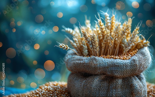 A rustic burlap sack filled with golden wheat grains, set against a blurred natural background in a farm setting.