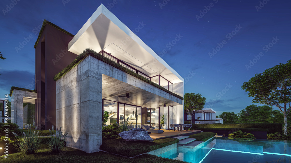 3d rendering of flat roof house with concrete facade in night