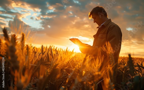 A farmer stands in a wheat field at sunset, examining his crops with a serene and thoughtful expression as the sky glows with warm colors. photo