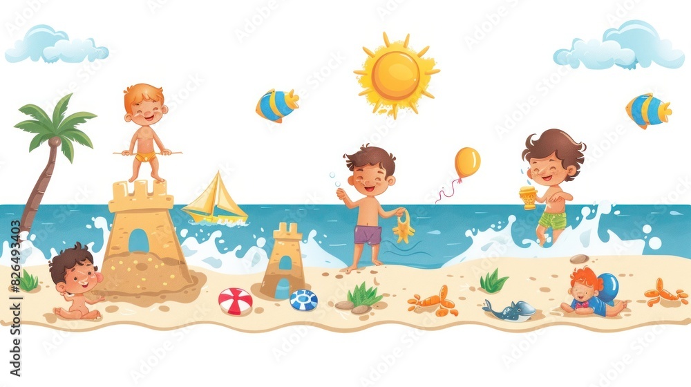 Playful Beach Scene Children Building Sandcastles and Enjoying the Sun in a Vibrant D