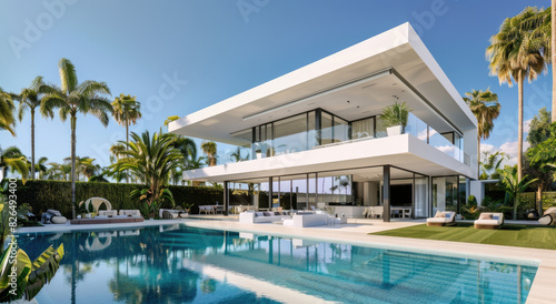 A modern house with a pool and terrace, swimming design, white walls, wooden floor