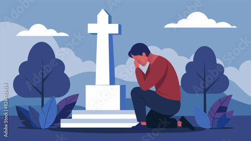A lone figure sits in front of the memorial head bowed and hands folded in prayer lost in memories of loved ones lost in war.. Vector illustration