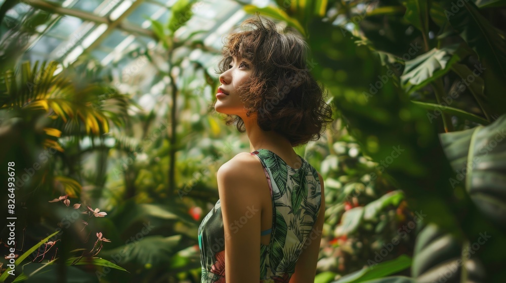 Elegant Fashion in a Botanical Garden: Woman in a sophisticated dress, surrounded by lush greenery in a botanical garden, bright natural light, Elegant Fashion in a Botanical Garden: Woman in a sophisticated dress, surrounded by lush greenery in a botanical garden, bright natural light,
