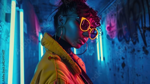 Urban Nightlife Vibes: Edgy Street Fashion Model in Dimly Lit Underground Club with Neon Accents