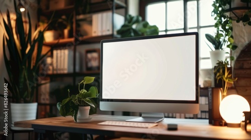 Wallpaper Mural Modern home office setup with a computer monitor, plants, and bookshelf. Cozy and well-organized workspace with natural light. Torontodigital.ca