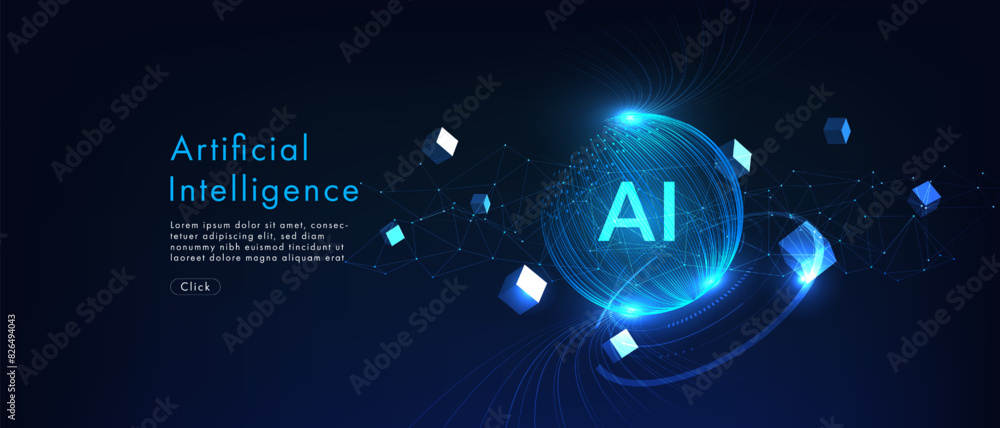 Futuristic digital brain made of glowing data particles with AI letters. Concept of artificial intelligence, neural networks, and advanced technology. Vector illustration on blue background.