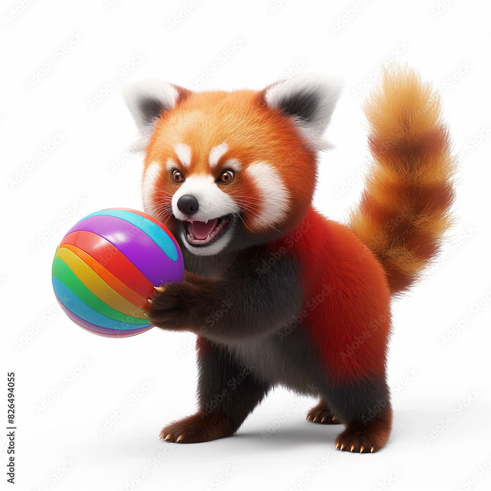 30 - Render a 3D red panda playing with a bright, rainbow-colored ball, looking playful, on a white background. 30 - Render a 3D red panda playing with a bright, rainbow-colored ball, looking playful, on a white background.