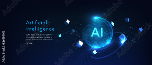 Futuristic digital brain made of glowing data particles with AI letters. Concept of artificial intelligence, neural networks, and advanced technology. Vector illustration on blue background.