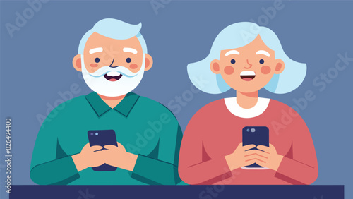 An elderly couple sitting side by side smiling as they learn how to send text messages on their new smartphones at the workshop.. Vector illustration