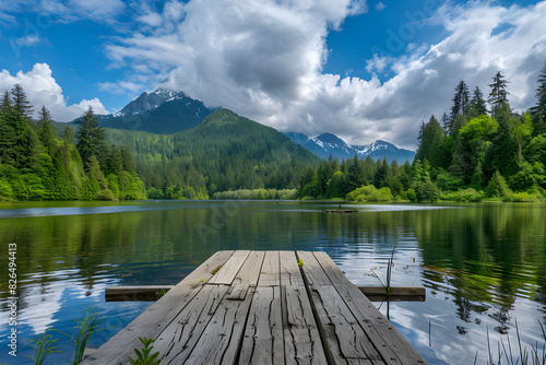 Serene Lakeside View with Green Trees, Towering Mountains, and Wooden Pier Perfect for Tranquil Escape