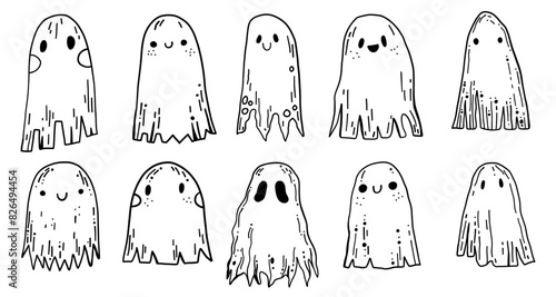Cute halloween doodle ghost character childish minimalistic hand drawn set collection for decoration October celebration.