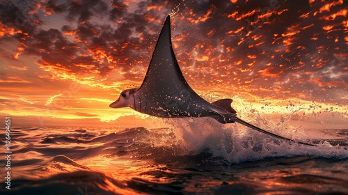A graceful mobula ray leaping joyfully from the water, its slender body arcing gracefully against the backdrop of a fiery sunset. photo