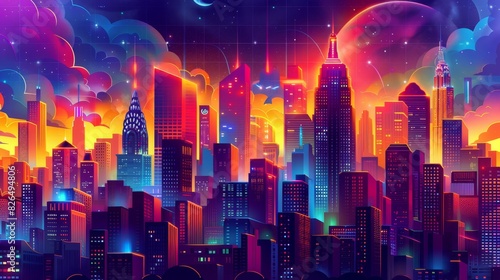 Under a night sky  a stunning visual showcases a futuristic city skyline glowing with vibrant neon lights and digital effects.