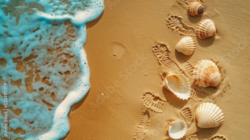 Aerial shot of seashells and footprints on the sand, emphasizing the simple joys of the beach (copy space, beach memories, whimsical, multilayer, natural beach backdrop), photo