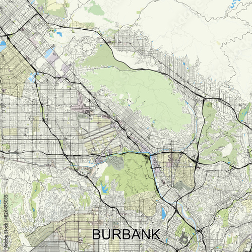 Burbank, California, USA map poster art photo