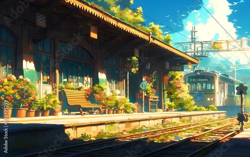 The old train station, the railroad. Rural landscape. Banner, poster, background. Copy space. Anime style.	
