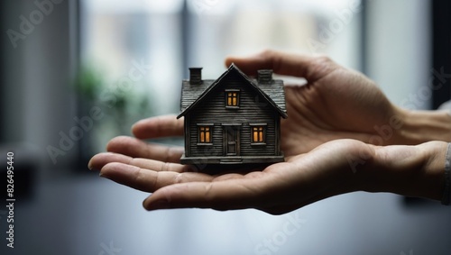 Hand Holding a Miniature Dream House: Real Estate Investment Concept photo