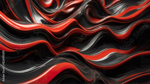 Abstract 3d wavy wallpaper. Background with 3d stylish black, red and white waves. Liquid dynamics visualization.	
