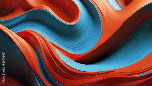 Abstract 3d wavy wallpaper. Background with 3d stylish blue and red waves. Liquid dynamics visualization.	
