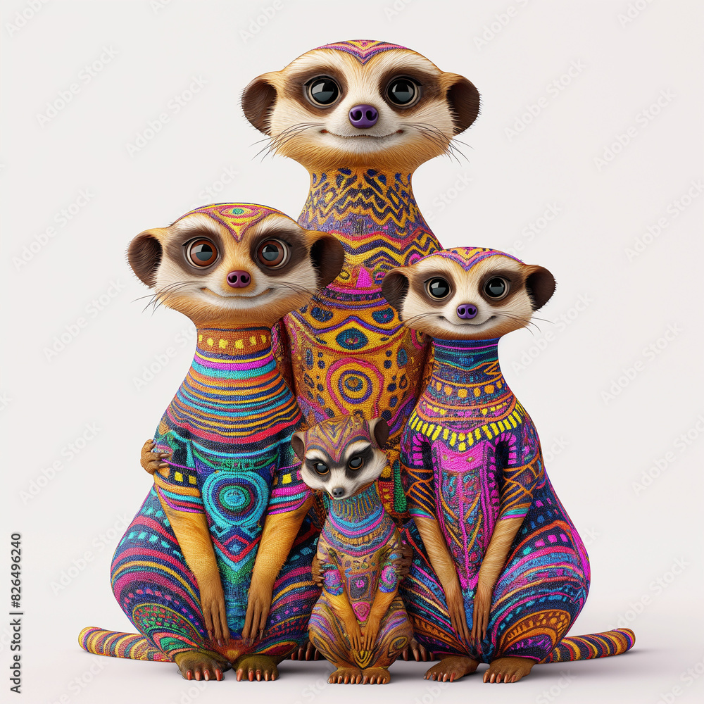 Fototapeta premium 19 - Render a 3D meerkat family with each member having a unique colorful pattern, against a white background.