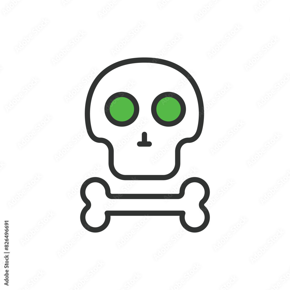 Skull and bone, in line design, green. Skull, Bone, Skeleton, Death, Crossbones, Danger, Pirate on white background vector. Skull and bone editable stroke icon. Skull and bone, in line design, green. Skull, Bone, Skeleton, Death, Crossbones, Danger, Pirate on white background vector. Skull and bone editable stroke icon.