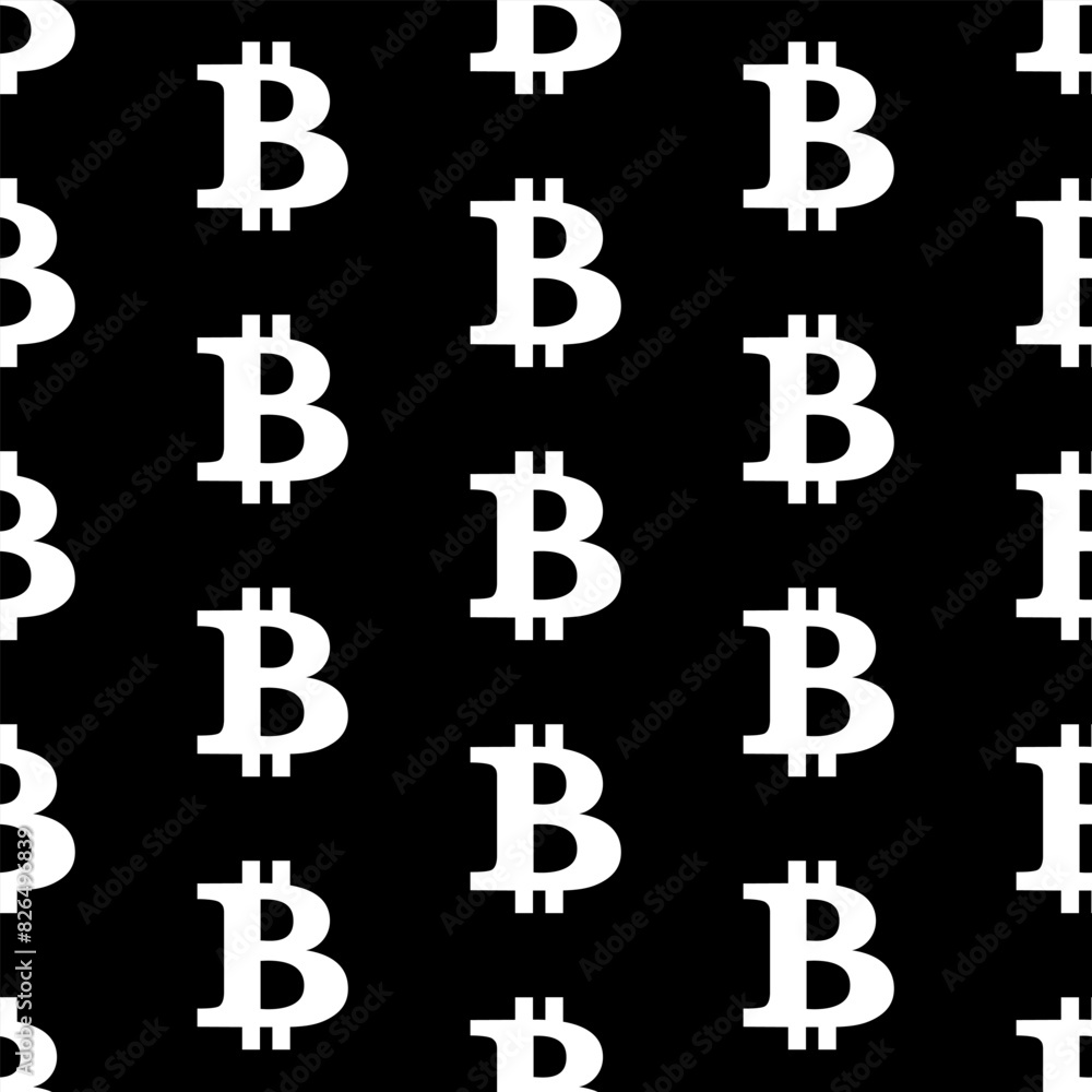 Bitcoin seamless pattern with white crypto coin symbol silhouette on black regular repeating background design template vector illustration. Cryptocurrency sign. Digital currency.Blockchain technology Bitcoin seamless pattern with white crypto coin symbol silhouette on black regular repeating background design template vector illustration. Cryptocurrency sign. Digital currency.Blockchain technology