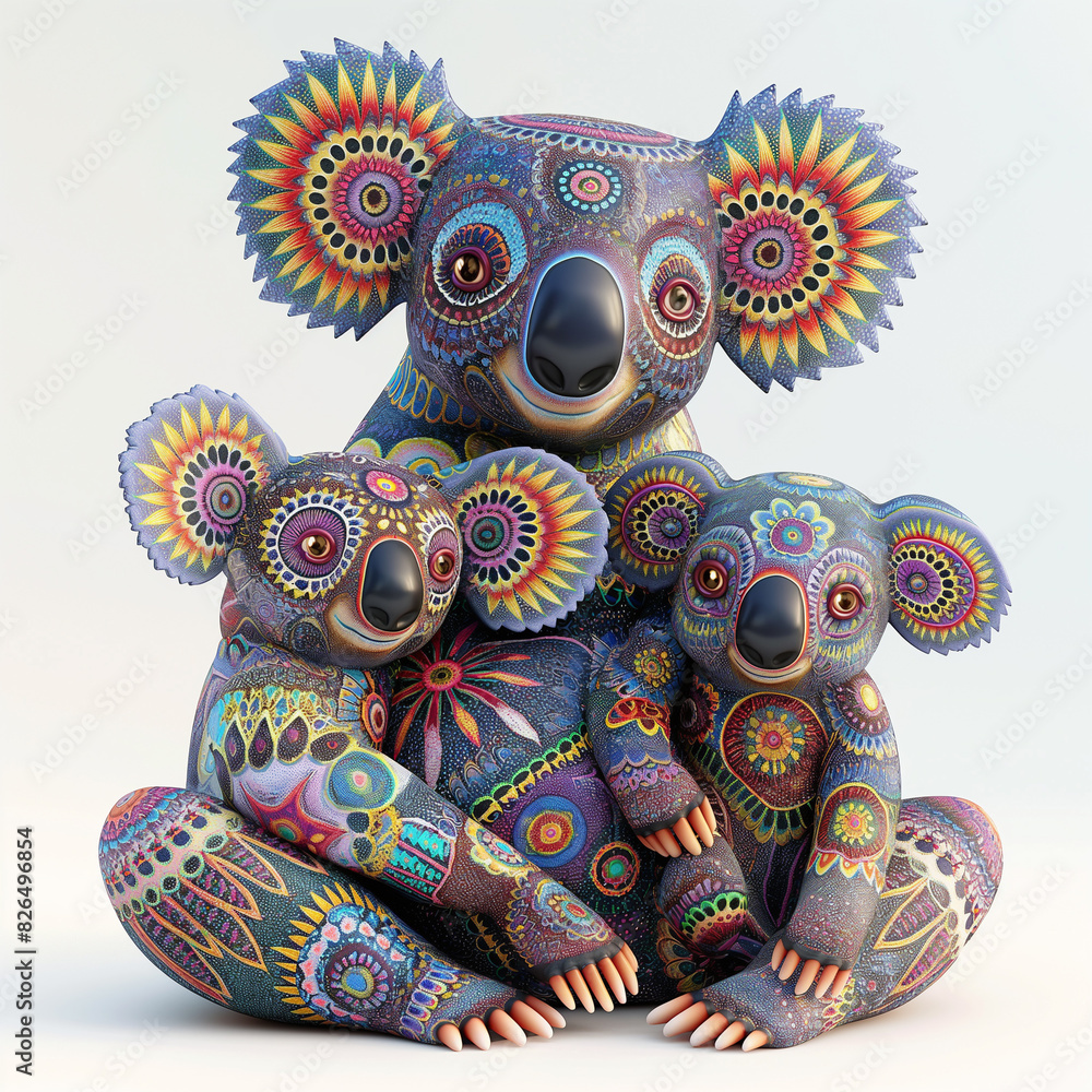 Obraz premium 8 - Depict a 3D koala mother and baby with brightly patterned fur, looking happy, on a white background.