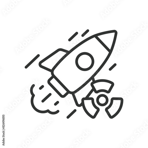 Nuclear missile, in line design. Missile, Nuclear, Warhead, Weapon, Rocket, Explosion, Destruction on white background vector. Nuclear missile editable stroke icon.