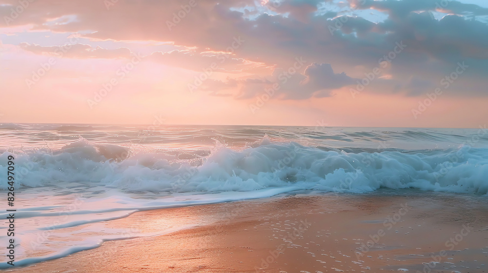 A beach at sunset. The sky is a gradient of pink, orange, and yellow, with clouds scattered throughout. 