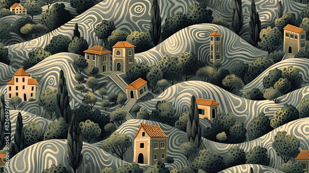 Fototapeta premium A painting of a hillside with houses and trees