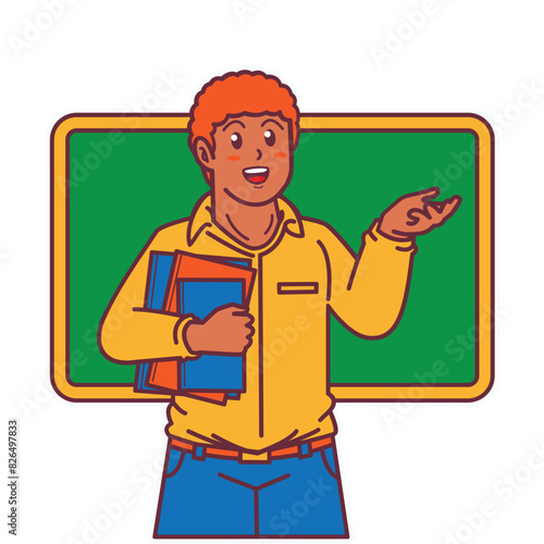 Cartoon female teacher carrying a book, and a blackboard behind him