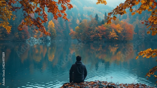 Autumn Serenity: Capture the peacefulness of an autumn day with colorful leaves, a calm lake, and a person enjoying the scenery, highlighting tranquility and the beauty of nature.