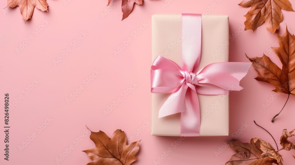A beautifully adorned gift box with a pink ribbon bow, displayed on a solid color background, flat lay with dried leaves, offering generous space for text A beautifully adorned gift box with a pink ribbon bow, displayed on a solid color background, flat lay with dried leaves, offering generous space for text