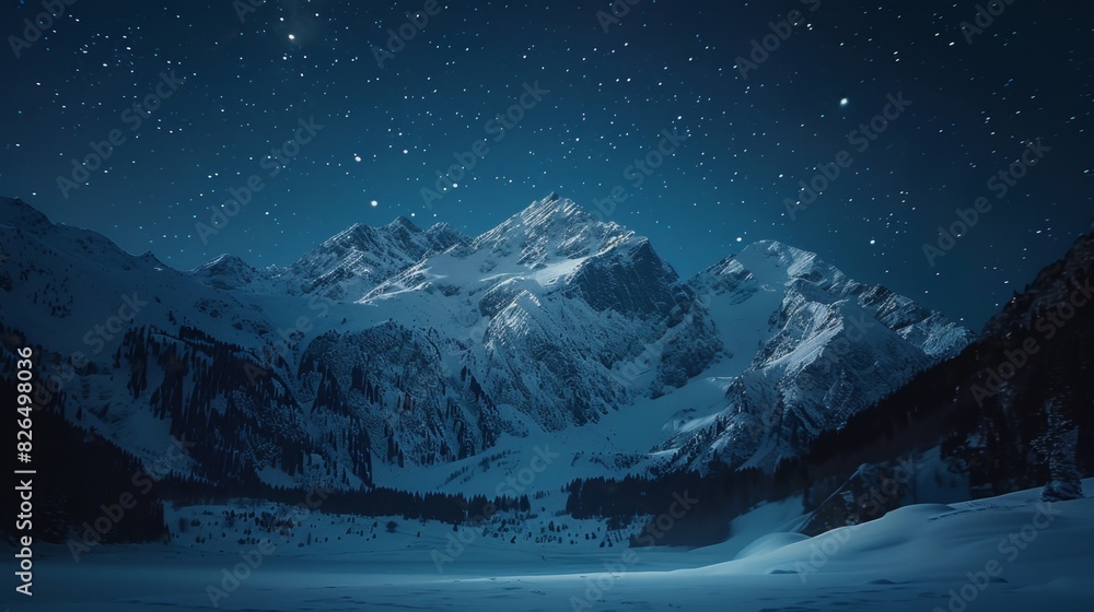 A serene night sky filled with stars blankets the majestic, snow-capped mountains and a frozen lake in a tranquil winter landscape. A serene night sky filled with stars blankets the majestic, snow-capped mountains and a frozen lake in a tranquil winter landscape.