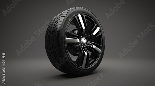 3D render of a black alloy wheel with a tire. The wheel has a glossy finish and the tire has a tread pattern.