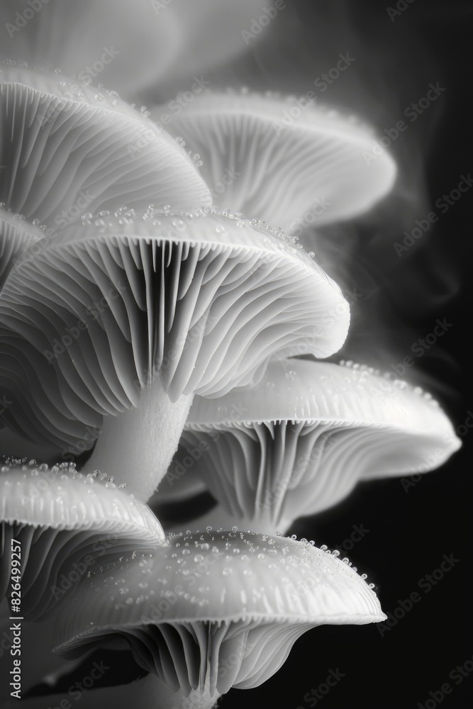 Elegant Monochrome Mushroom Macro with Dew Drops Elegant Monochrome Mushroom Macro with Dew Drops