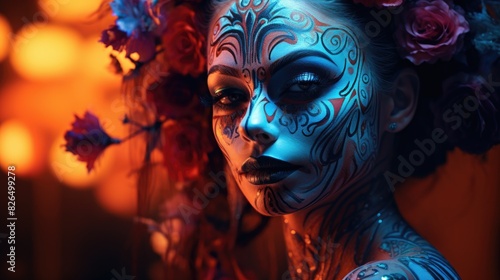 Enigmatic Woman with Floral Headdress and Blue Body Paint in Dramatic Lighting