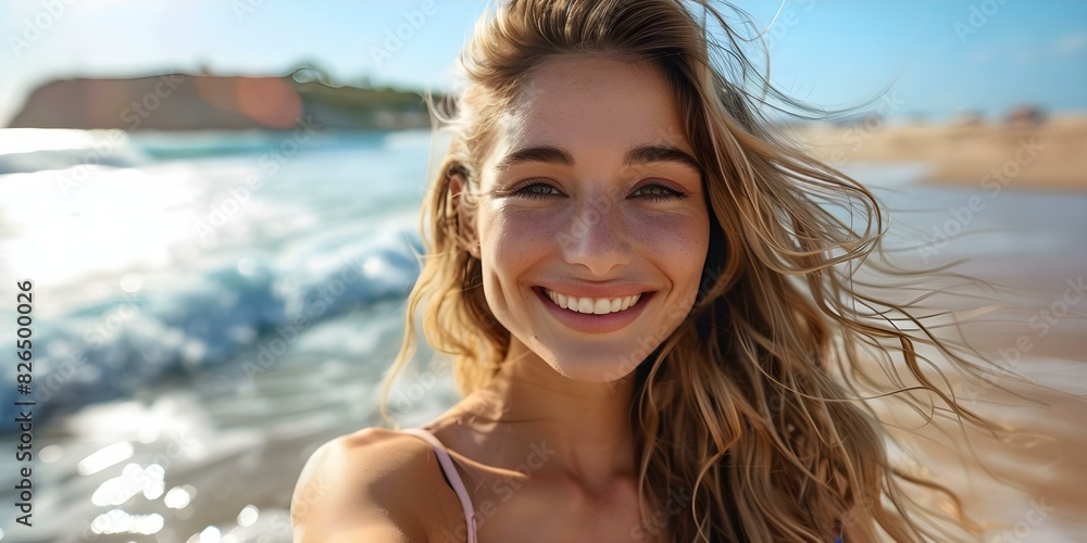 Positive and Confident Woman Taking a Selfie at the Beach. Concept Beach, Selfie, Confidence, Positivity, Woman Positive and Confident Woman Taking a Selfie at the Beach. Concept Beach, Selfie, Confidence, Positivity, Woman