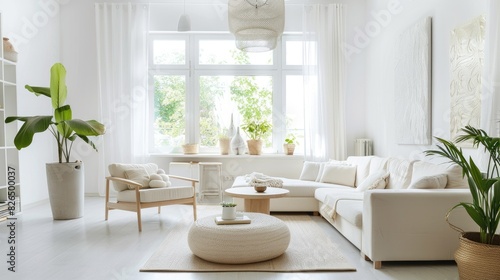 A bright and airy living room with white walls and contemporary furnishings  providing a clean and inviting space for relaxation and socializing.