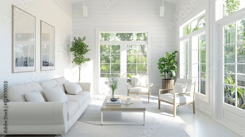 A bright and airy living room with white walls and contemporary furnishings  providing a clean and inviting space for relaxation and socializing.