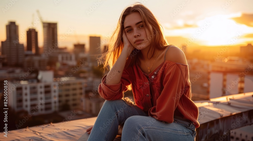 Urban Chic: Stylish Woman Posing on Rooftop Terrace Overlooking Cityscape at Sunset