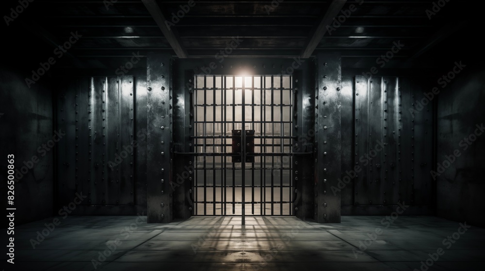 A Dimly Lit Prison Cell with Heavy Metal Bars and Intense Security
